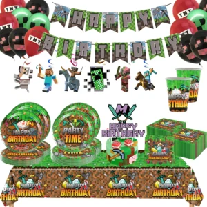 miner crafting pixel game party decoration disposable tableware paper plate tablecloth balloon birthday party favors decoration