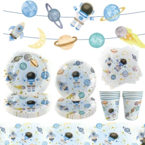 blue outer space theme disposable tableware plates cups napkins banner astronaut planet rocket pattern birthday party supplies