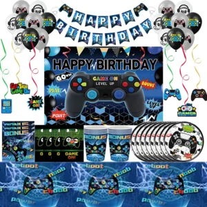 video game birthday decoration game them birthday party supplies kit tableware cup plates napkins tablecloth background balloons