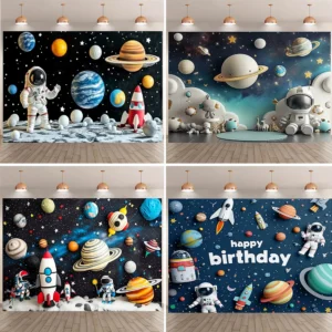 cartoon astronaut outer space planet background cloth decoration children's birthday party baby shower banner photography props