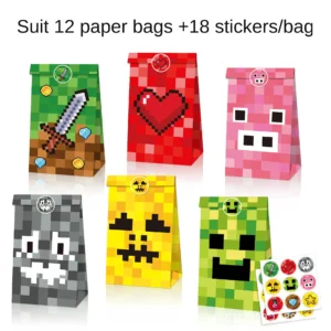 12pcs game pixel mosaic kraft paper bag candy bag gift bag candy gift bags paper bags paper bag sticker set cake paper bags