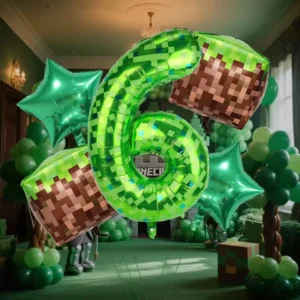 5pcs green pixel miner digital aluminum foil balloon set mining themed balloon pixel cube video game birthday party decoration