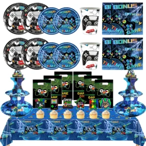 video game birthday party decorations black white blue plates tableware tablecloth backdrop game them happy birthday party favor